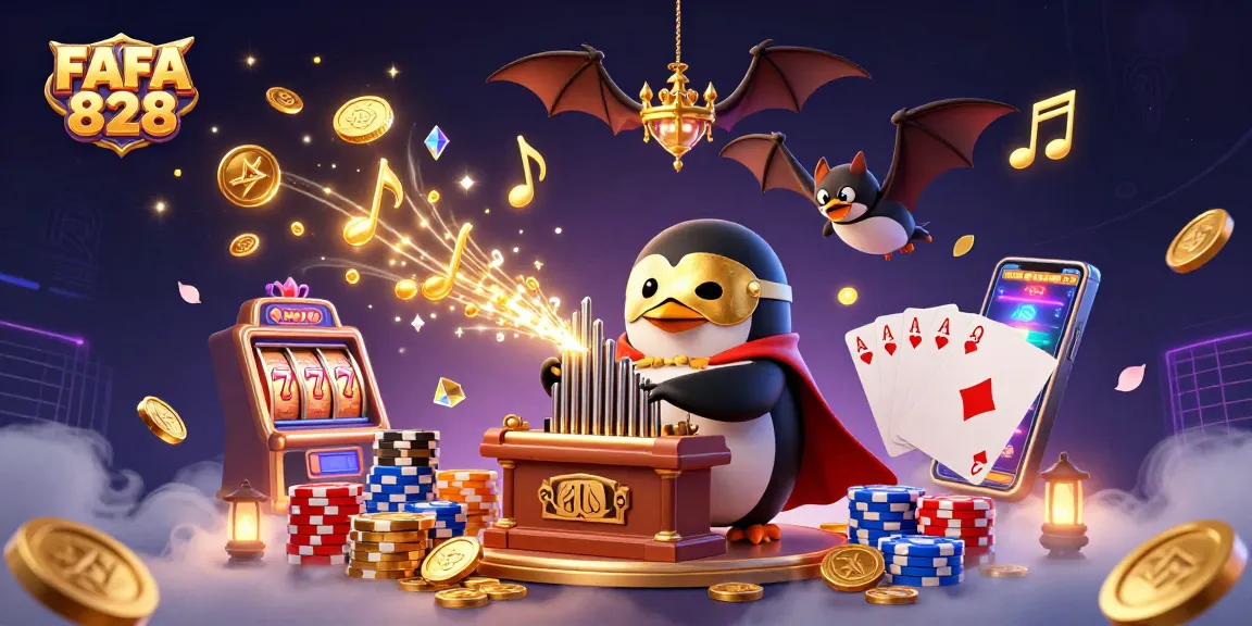 Win big with FAFA 828 as a penguin plays slots surrounded by golden coins and poker chips.