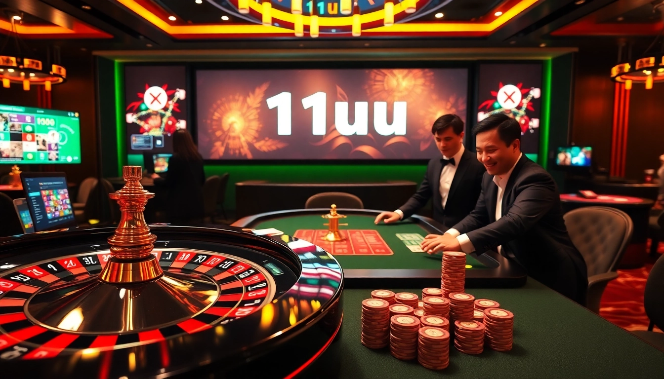 Experience the thrill of gaming at 11uu with colorful poker chips and a lively roulette table.