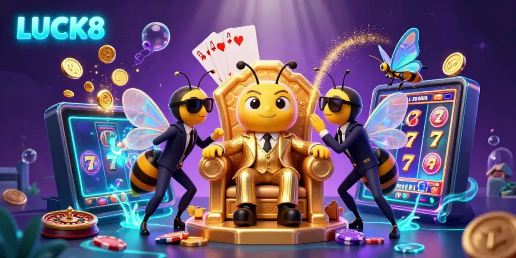Experience excitement with LUCK8 as a cartoon bumblebee mob boss leads a vibrant casino adventure.