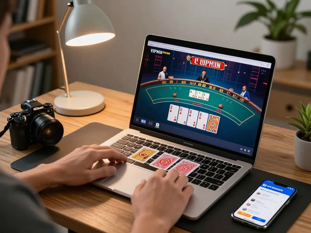 VIPWIN online gaming setup showing a dynamic live dealer blackjack game on laptop, enhancing strategic play.