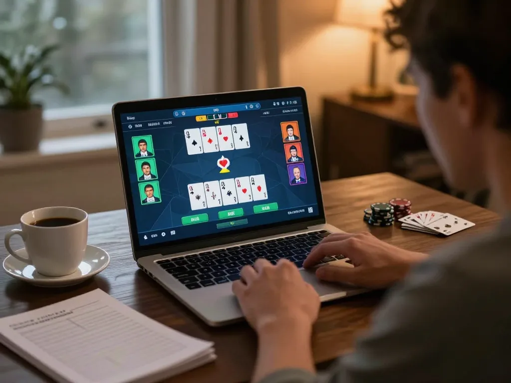 Engaging in a live online poker game on Net88, showcasing strategy and focus in a cozy home setting