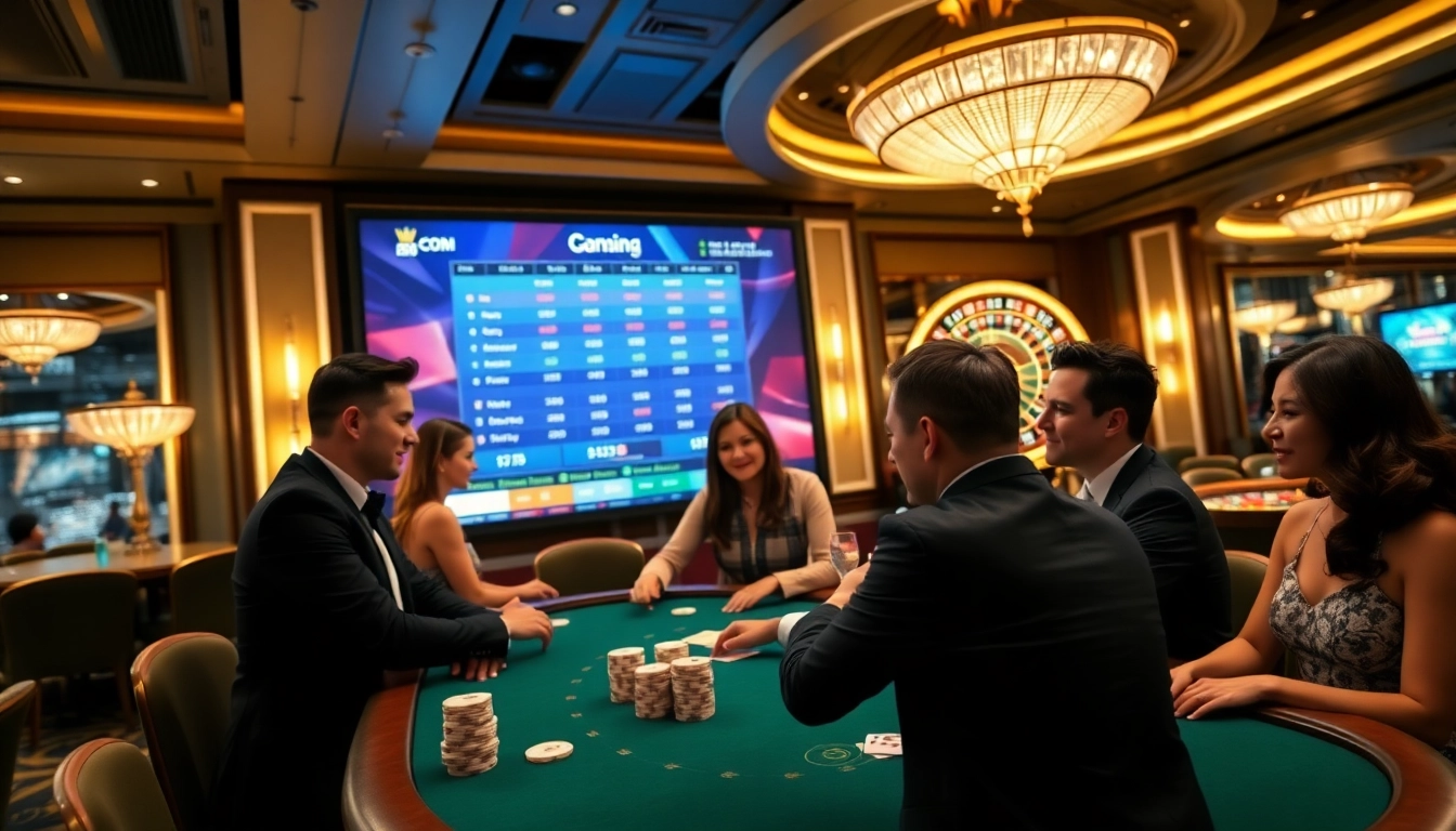 Exciting gaming experience at MM88 COM with players at a poker table surrounded by vibrant casino elements.