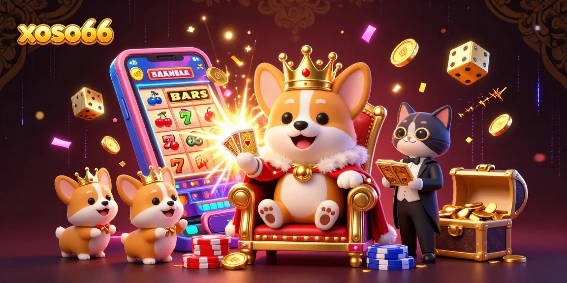 xoso66 offers an immersive gaming experience featuring a regal corgi on poker chips amidst thrilling jackpots and vibrant casino elements.