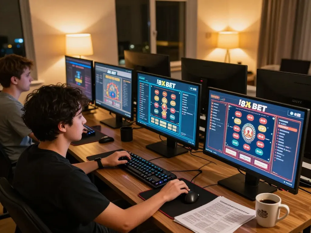 Engaged player using 8xbet on multiple screens for a thrilling online gambling experience.