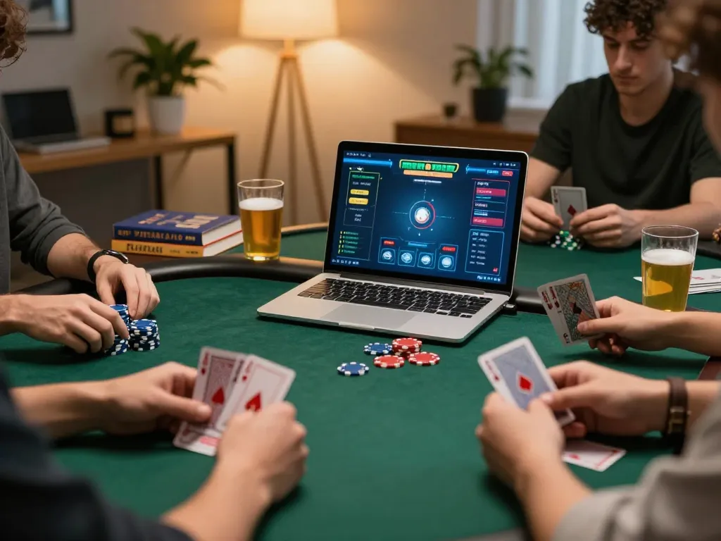 Players strategizing in an online poker game while using 23WIN platform for betting.