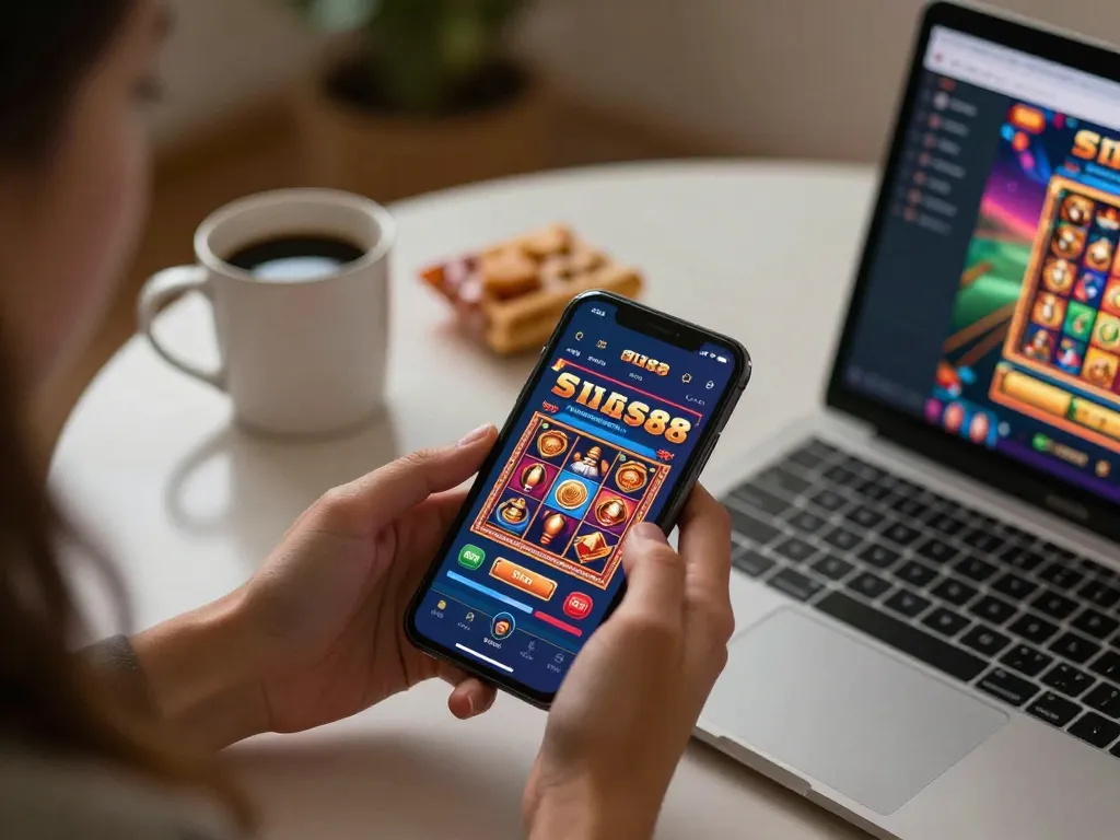 Engaging user playing five88 casino app on smartphone while enjoying a cozy home setup.