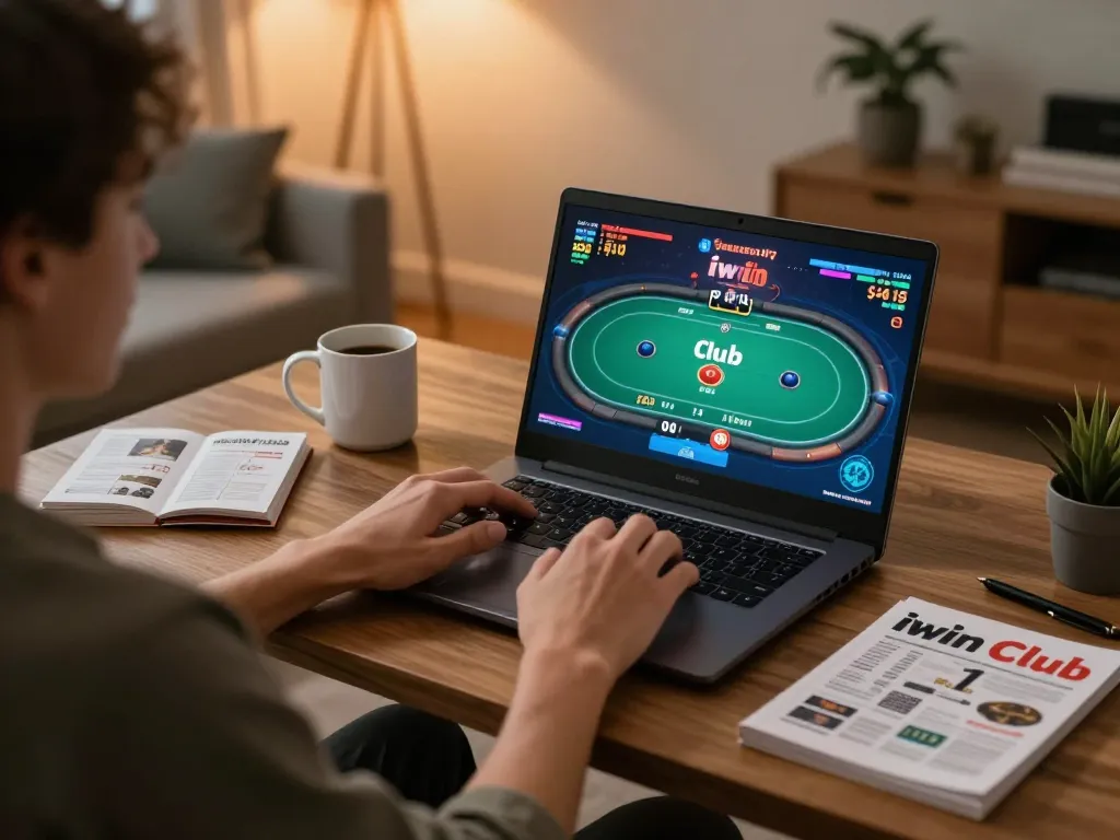 Engaged player enjoying iwin club poker game on a sleek laptop in stylish home office setting