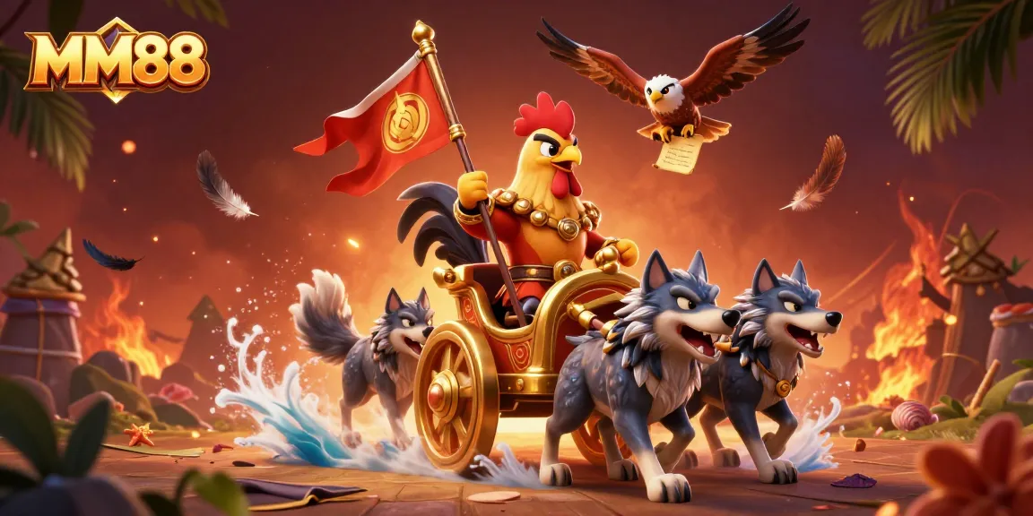 Experience the thrilling MM88 cockfighting Arena with an epic rooster warlord leading fierce battles and celebrations.
