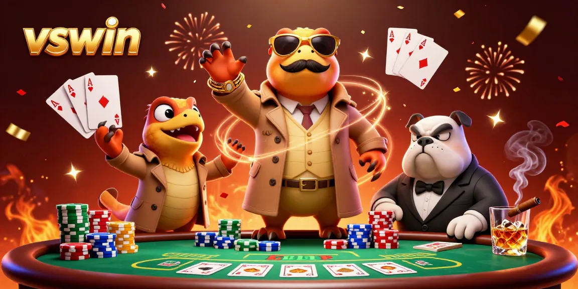 Engage in thrilling games at vswin with vibrant casino characters and poker elements.