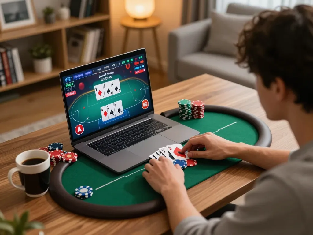 8day player strategically places bets during an online poker game at home in a cozy setting.