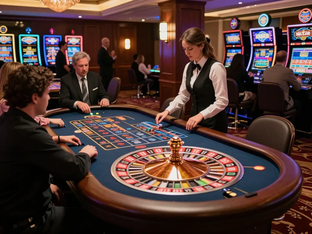 F8bet players engaging at a roulette table in a luxurious casino, vibrant lights enhance the excitement