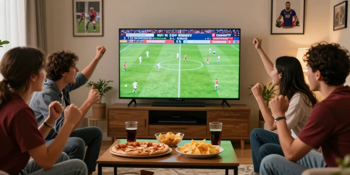 CakhiaTV live football match viewed by enthusiastic friends in a cozy living room.