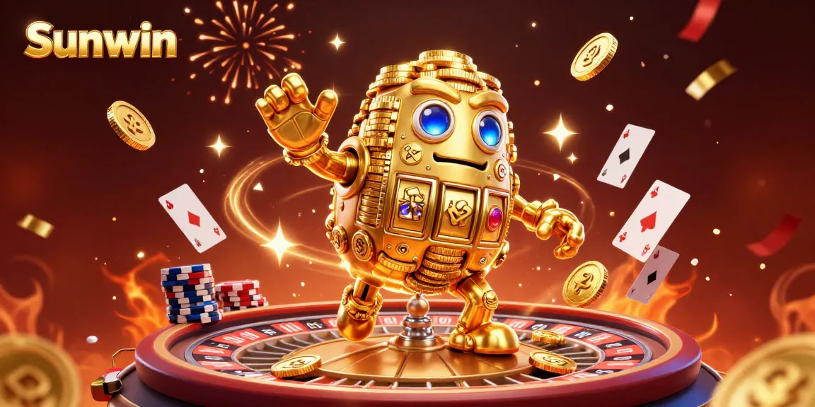 Experience thrilling gameplay at Sunwin with this vibrant 3D illustration showcasing a golden golem and casino elements.