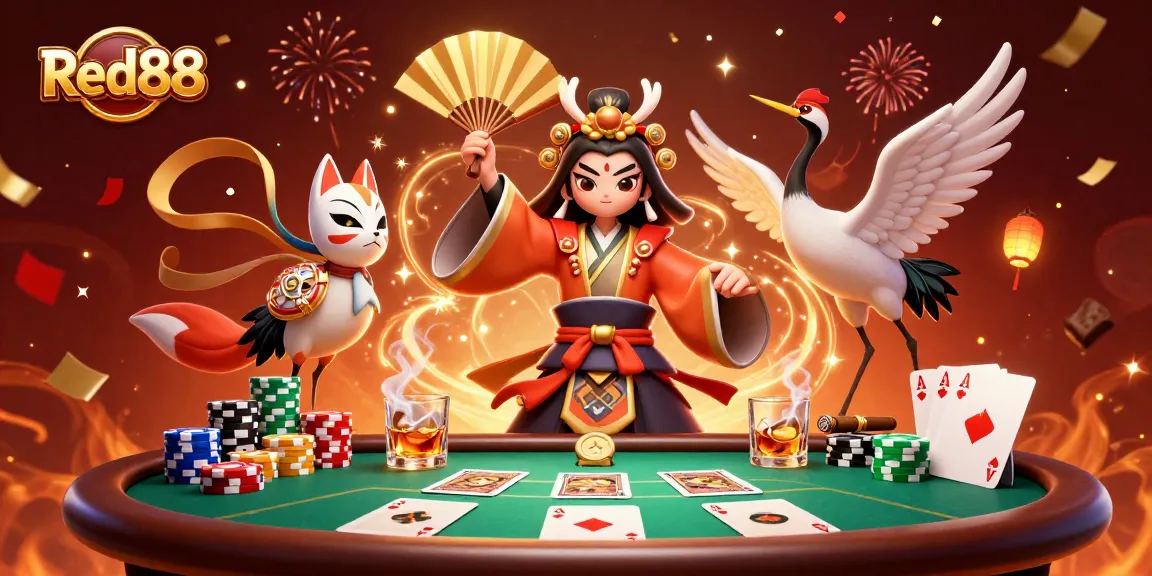 Engaging Red88 scene with kabuki warrior and kitsune, set at a poker table.