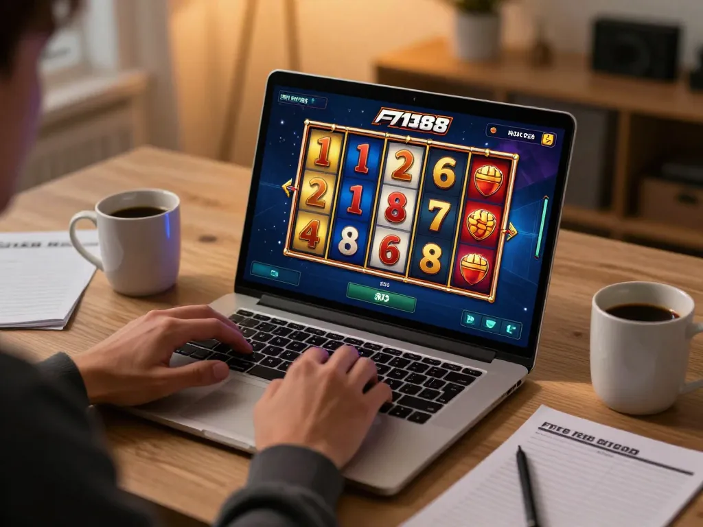 Engaging in f168 game on a laptop with winning slot reels visible, emphasizing strategic gaming.