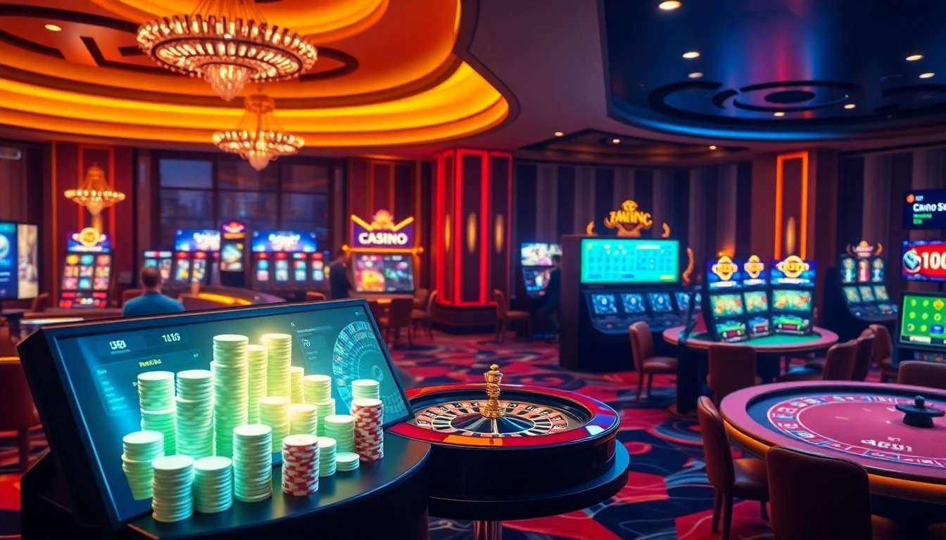 Engaging scene depicting gamblers at https://rr88c.pro/, enjoying online casino games featuring vibrant slot machines and roulette wheels.