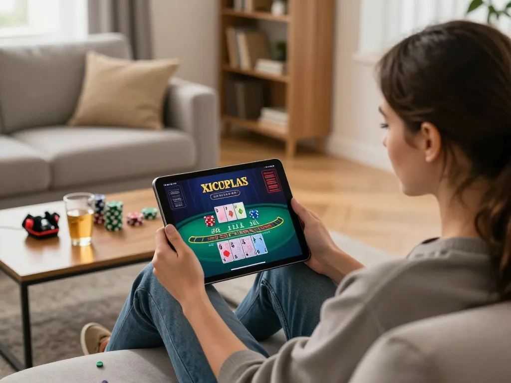 Player engaged in live blackjack on B52club tablet, showcasing cozy gaming atmosphere.