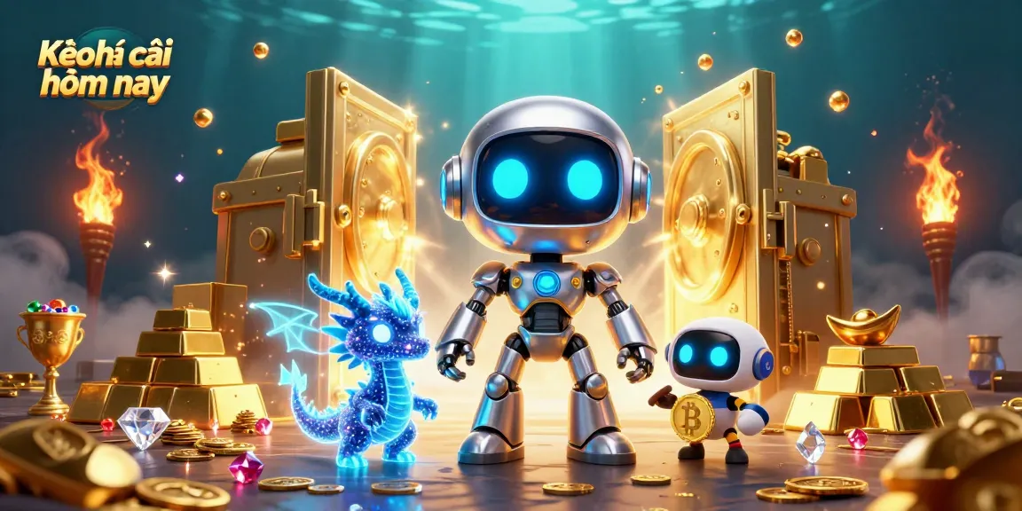 Kèo nhà cái hôm nay features a cool 3D cyberpunk robot and dragon companion amidst casino treasures.