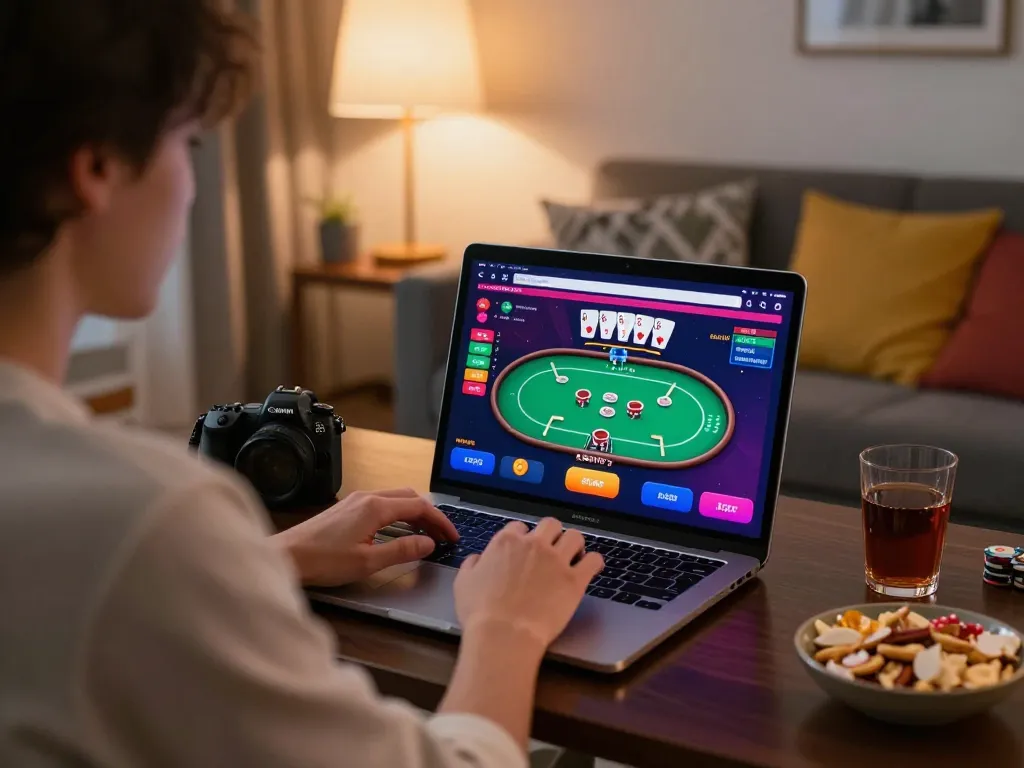 MM88 player engaged in online poker game from home setup, cozy atmosphere with snacks and vibrant screen