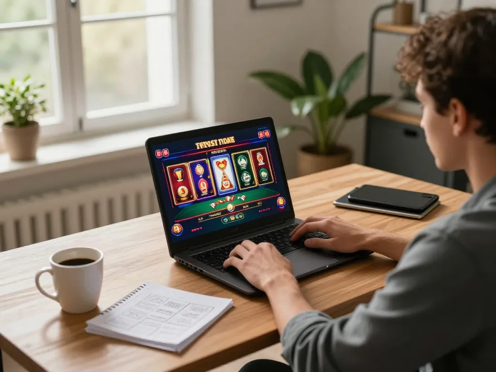 Engaged gambler using laptop for online games at https://9bet9.in.net in a cozy home office