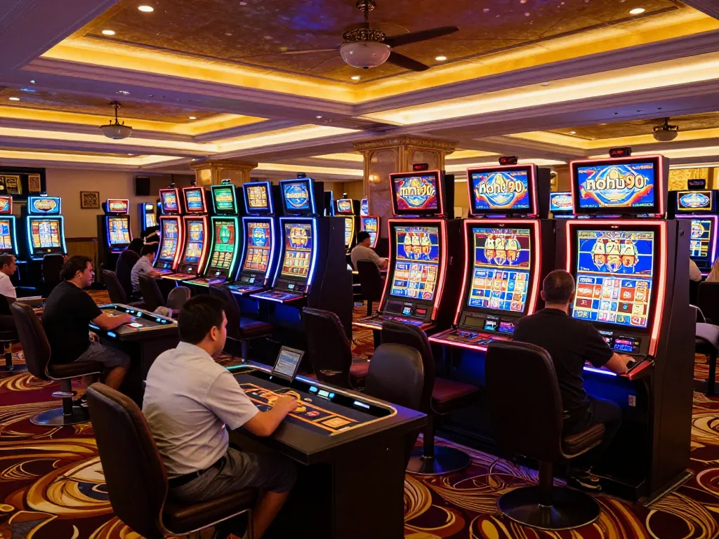 Nohu90 players engaging with colorful slot machines on a vibrant casino floor.