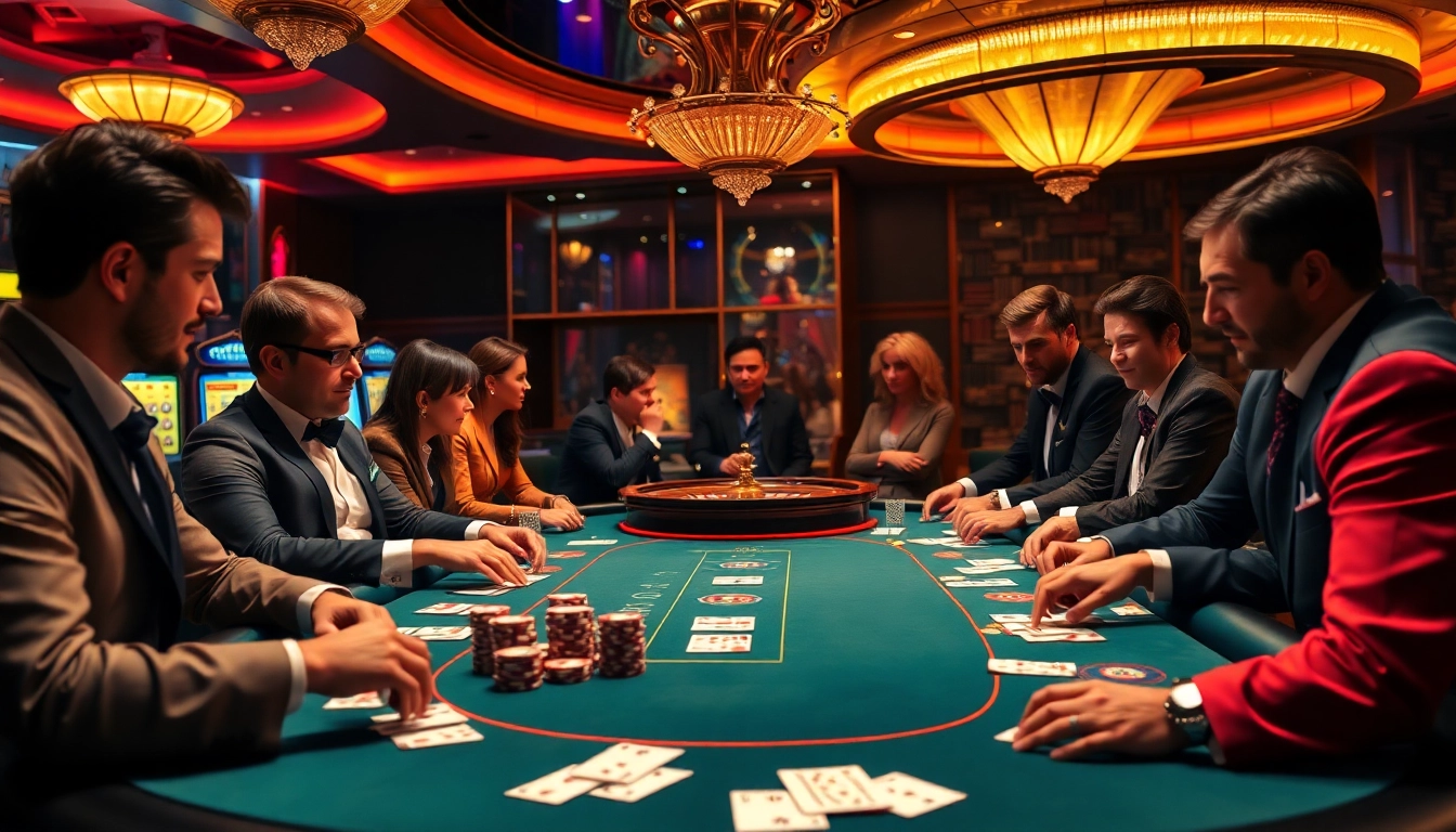 S666 đăng nhập at a luxurious poker table with excited players and glowing slot machines.