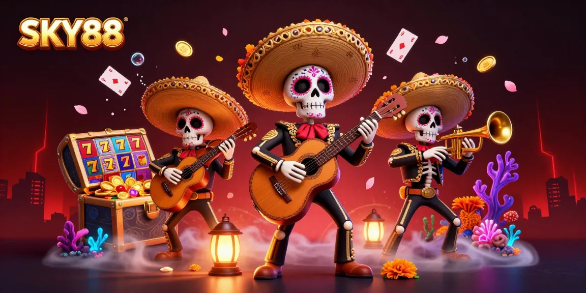 Engage with vibrant slot reels and mariachi characters at SKY88 for thrilling casino action.