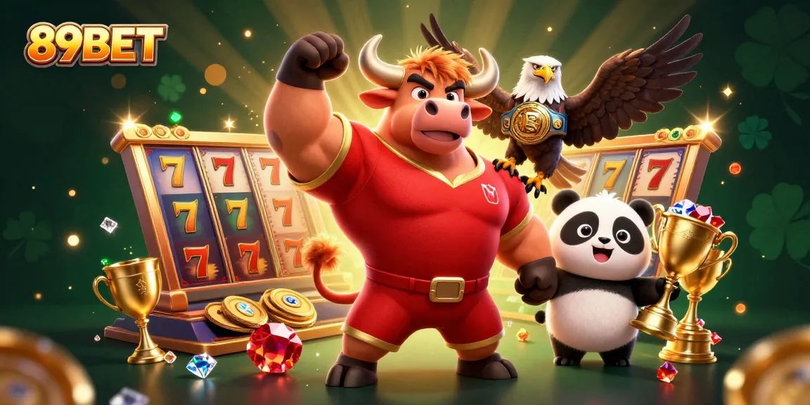 Join the adventure with 89BET as the bull mascot celebrates jackpot wins in a vibrant casino scene!