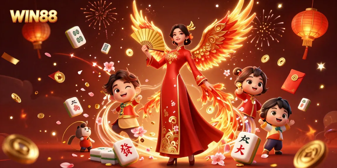 Experience the thrill of WIN88 with a vibrant casino atmosphere featuring a woman in traditional dress and phoenix.