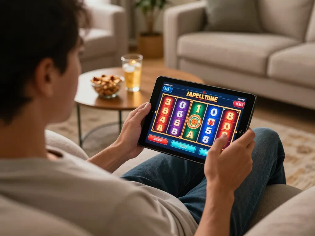 sin888 player enjoying slots on tablet during a cozy home gaming session