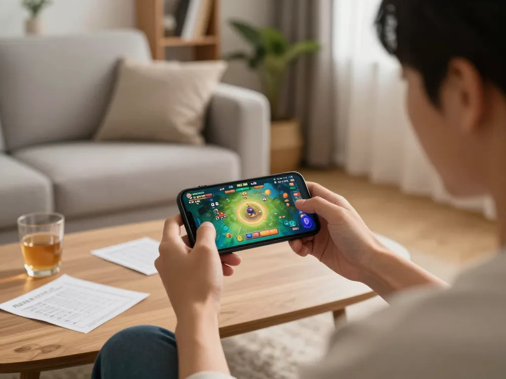 Engaging with game tài xỉu uy tín on a smartphone in a cozy home setting, highlighting responsible gambling practices and personal strategy.