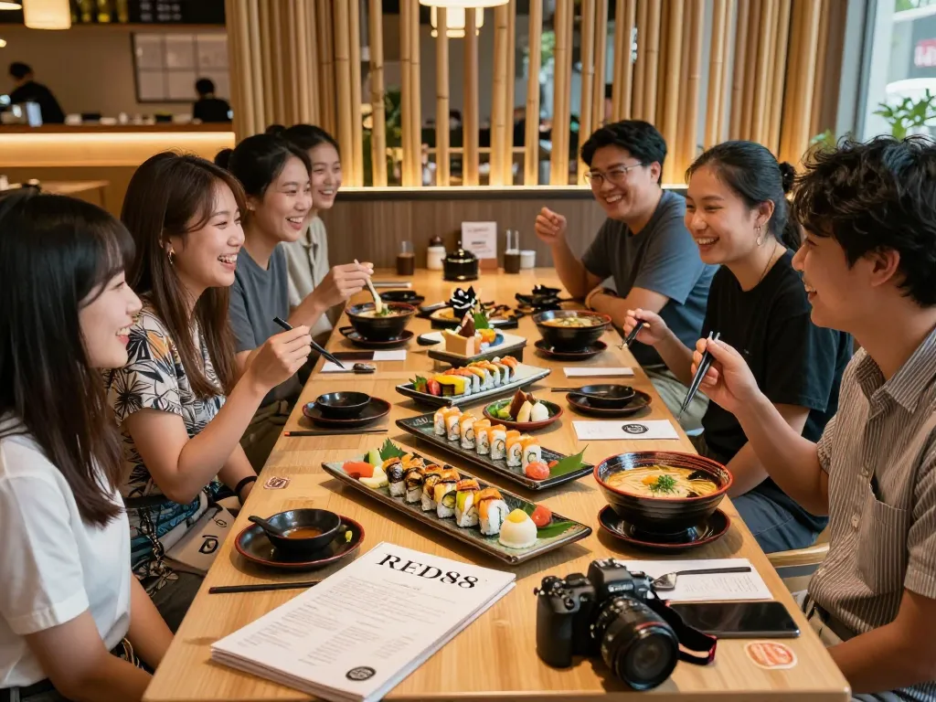 Friends enjoying a vibrant meal at RED88 Asian Bistro with sushi and ramen.