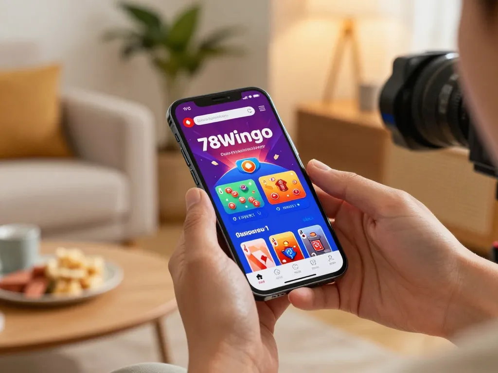 Player enjoying the 78wingo app on a smartphone in a cozy home setting, highlighting mobile gaming excitement.