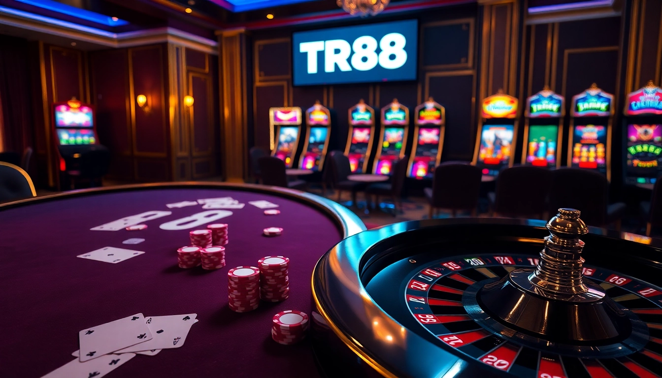 Experience the thrill of TR88 in a luxurious casino setting with poker tables and slot machines.