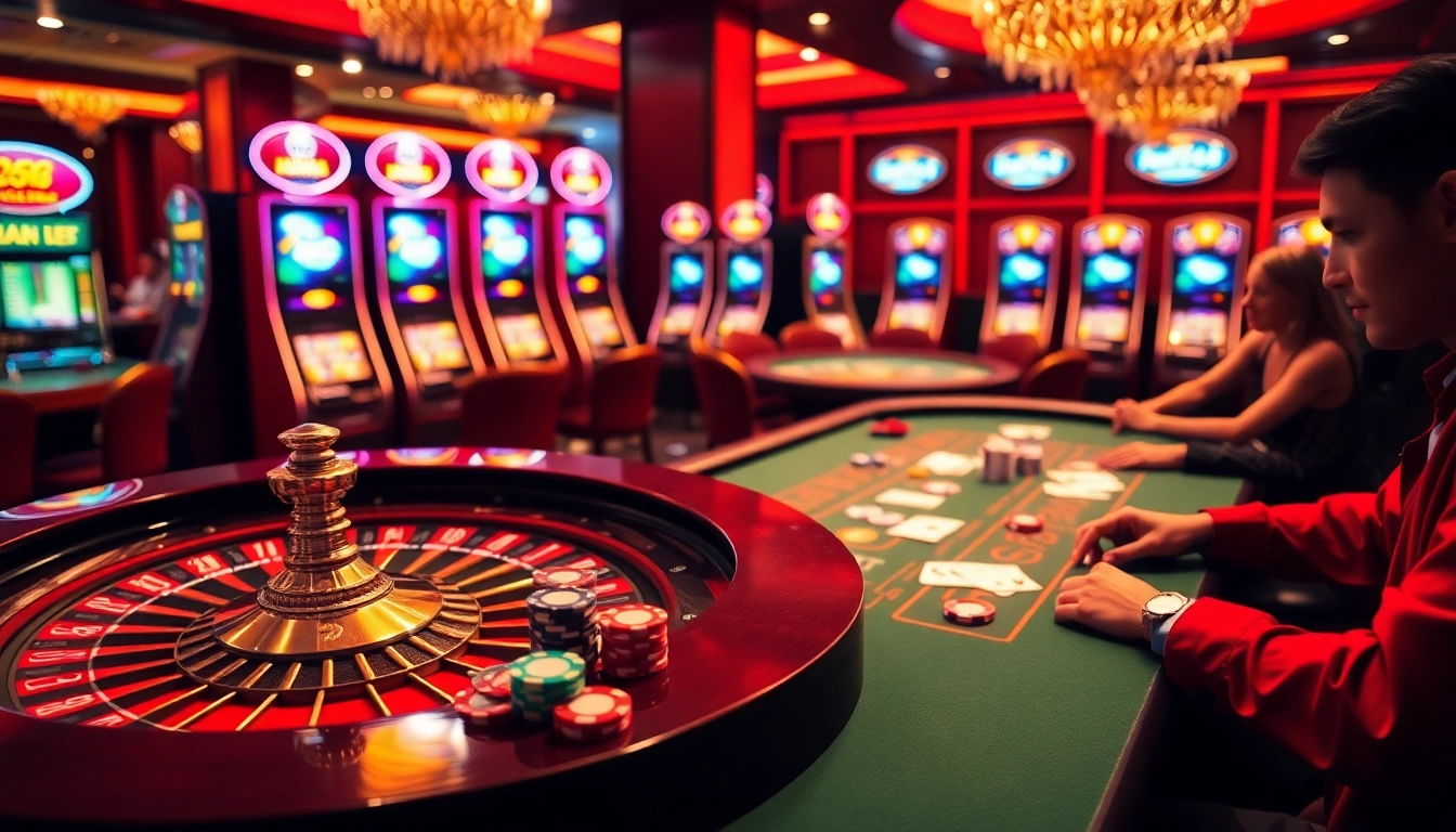 Experience high-energy gambling at luck8's vibrant casino tables with poker chips and roulette excitement.