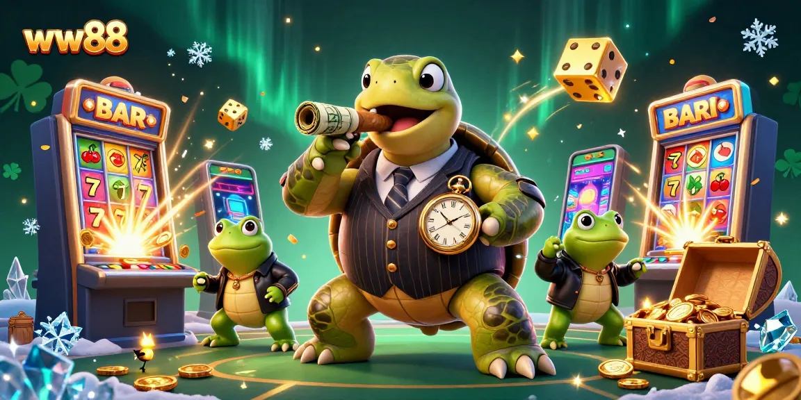 Experience thrilling gameplay at ww88 with a vibrant 3D casino scene, showcasing a snapping turtle and frog enforcers.