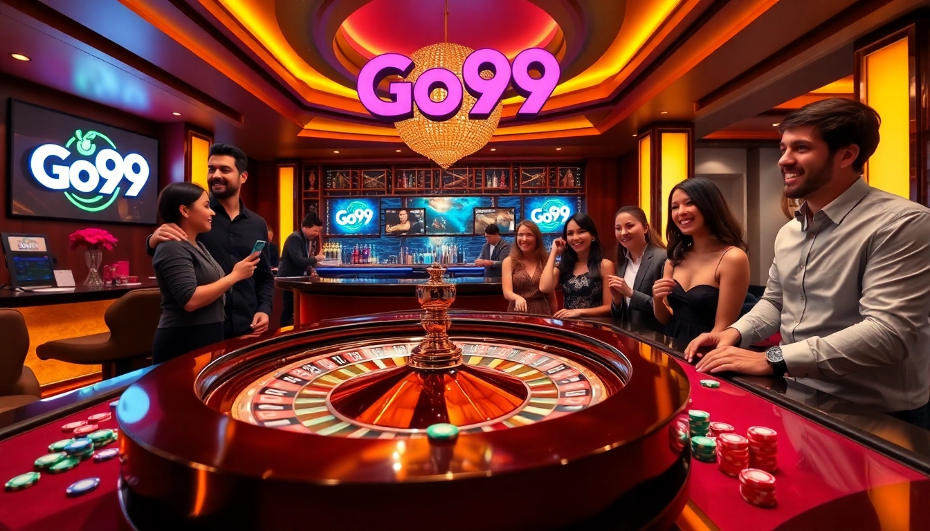 Engage with Go99's luxurious casino experience featuring roulette and excited players.