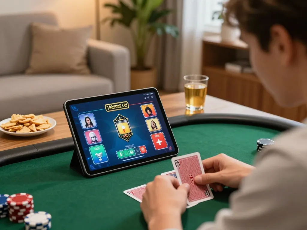 Engaging in game bài đổi thưởng on a tablet in a cozy home setting, highlighting focused strategy.