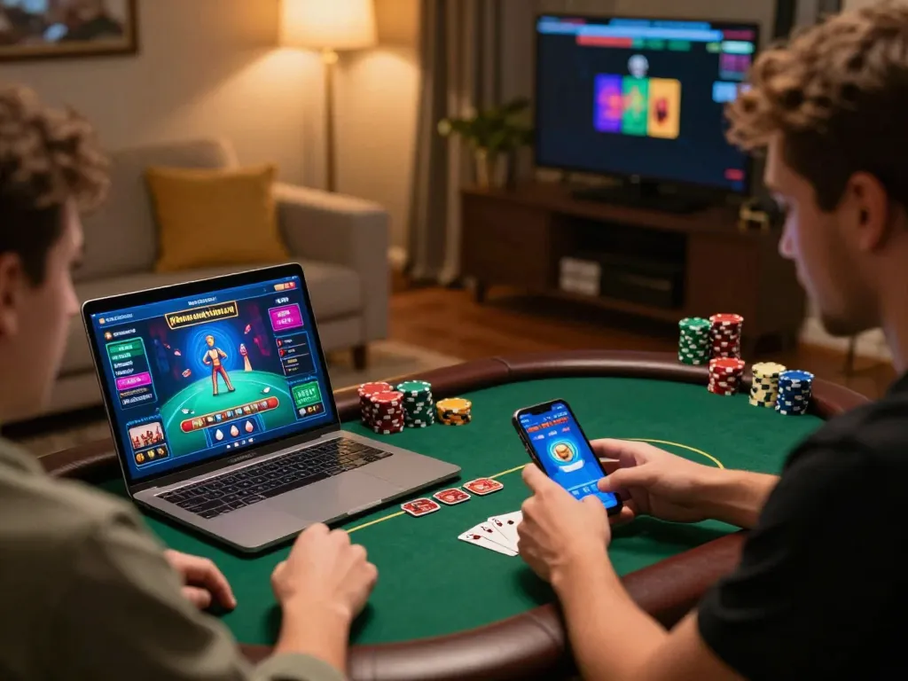 Players enjoying online gaming on TR88 platform with laptop and mobile devices in a cozy setting.