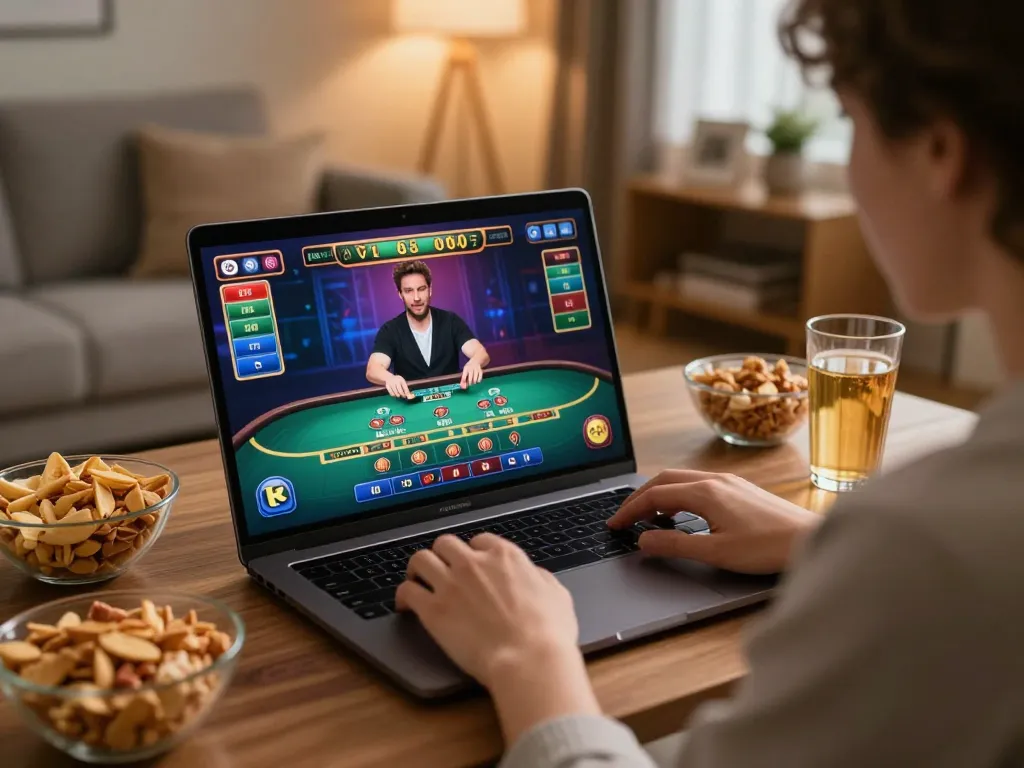 Engaging in a strategic 32 win session on a laptop at home with a live dealer.