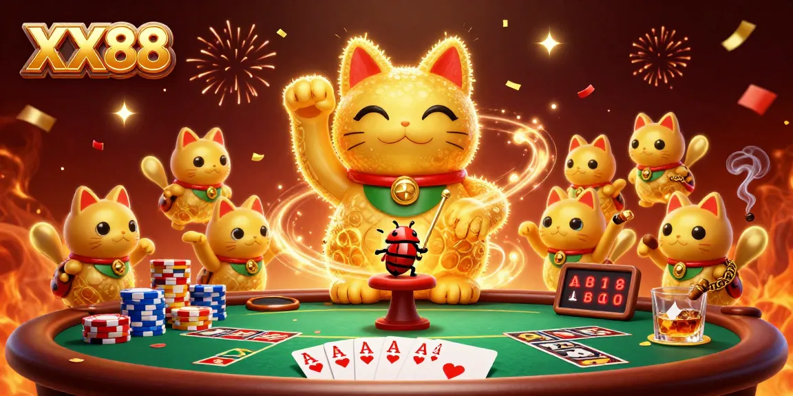 Experience the thrill of gaming at XX88 with a vibrant casino scene featuring a lucky cat and poker elements.