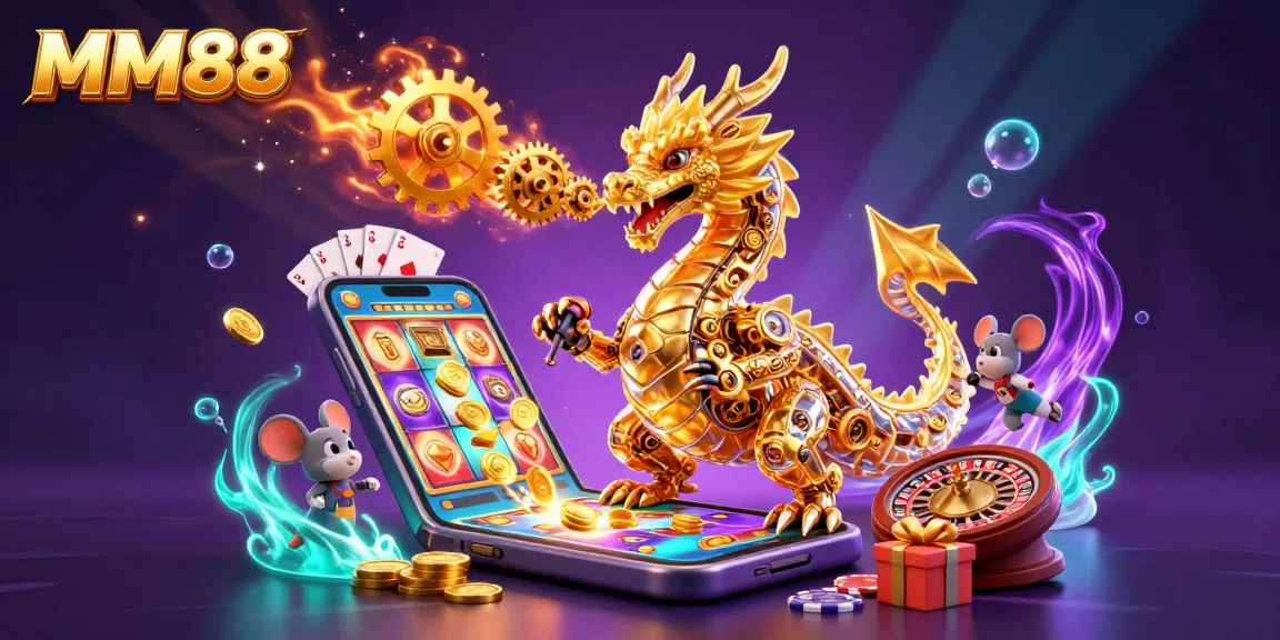 Experience MM88's thrilling gaming with vibrant visuals of a golden dragon, slot games, and dynamic casino elements.