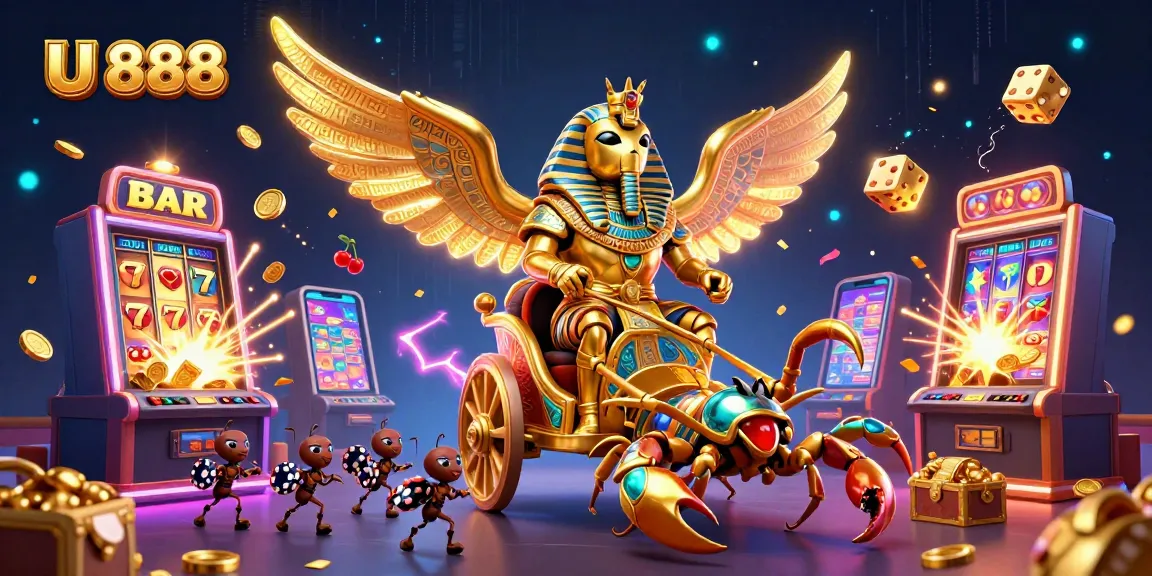 Experience the thrill of U 888 with a vibrant 3D casino scene featuring iconic gaming elements.