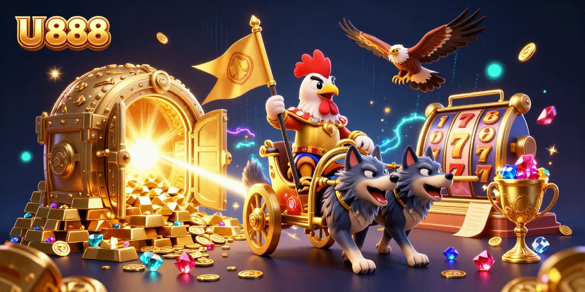 Experience the thrills of U 888 with a dynamic casino scene featuring a rooster warlord and treasures.