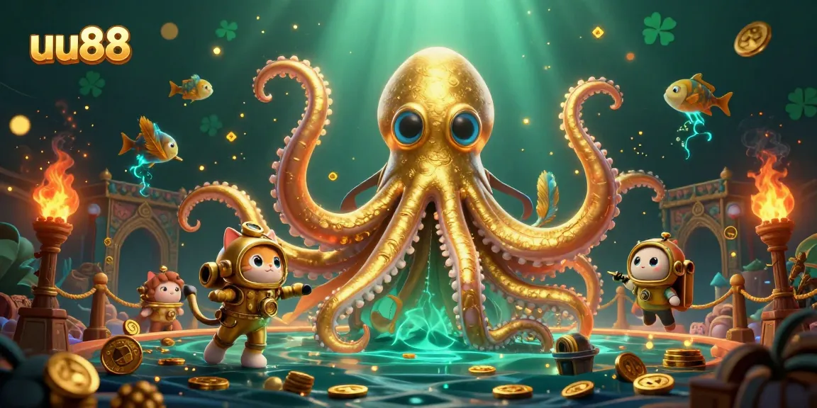 Experience thrilling adventures at uu88 with a colossal kraken and diving cat in a vibrant casino scene.