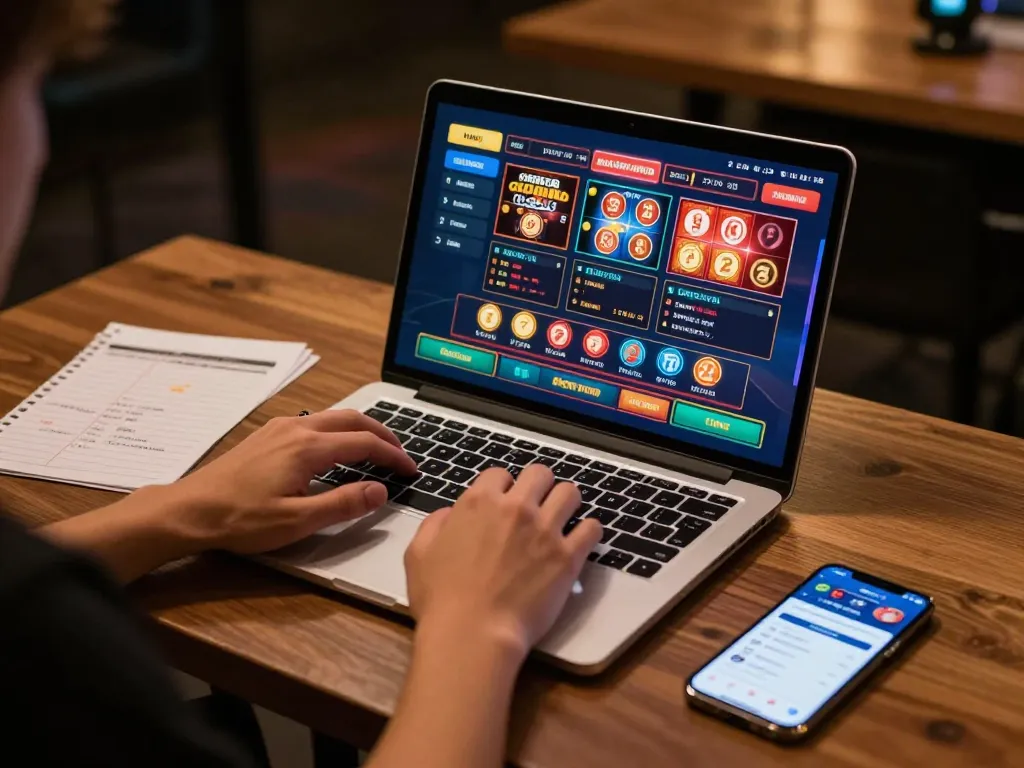 A user immersed in gambling on 888top's platform, engaging with online casino games, showcasing a modern setup.
