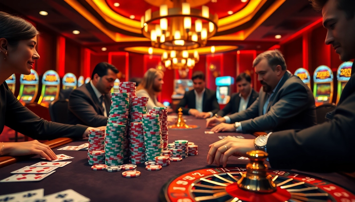 Engaging players at a luxurious 77BALL gaming table with vibrant poker chips and cards.