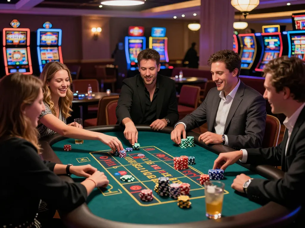 Gem88's vibrant casino scene with friends enjoying roulette, colorful chips, and lively atmosphere.