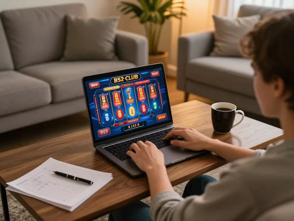 B52 Club player enjoying exciting online gaming experience with vibrant visuals and cozy atmosphere.