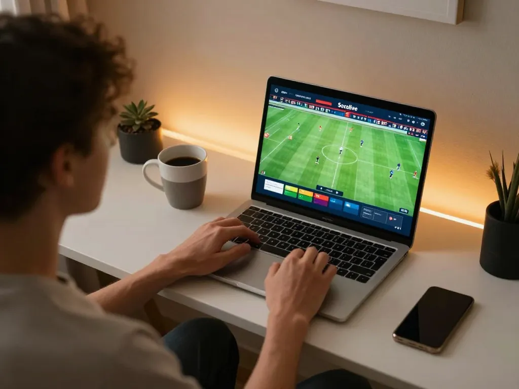 Socolive user engaging in online sports betting on a laptop with a cozy atmosphere
